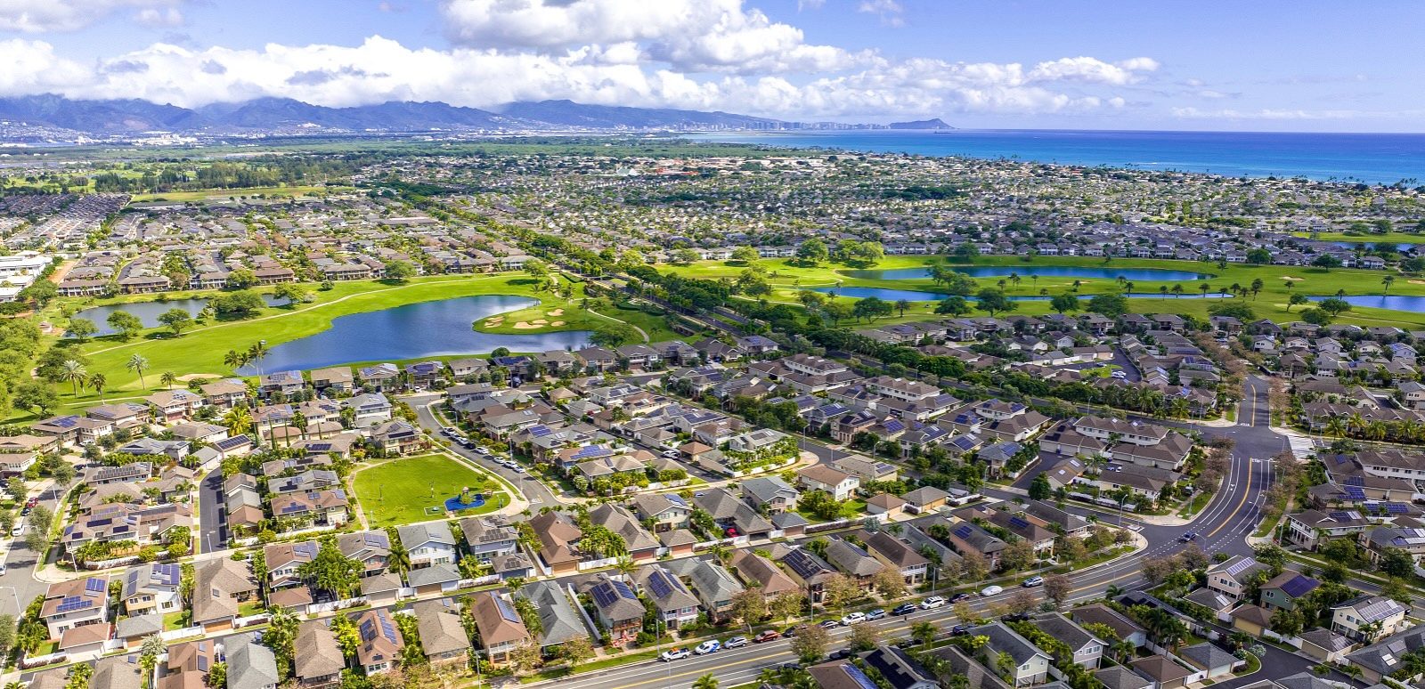 Aerial view of ʻEwa Beach neighborhoods on Oʻahu, Hawaiʻi