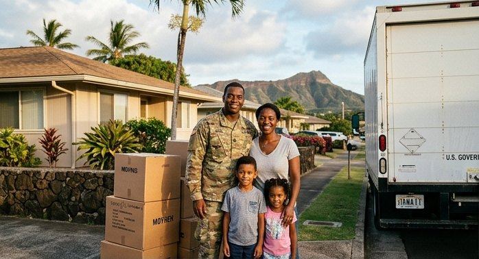 Military family with moving boxes in front of their Oʻahu home