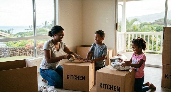 Family packing kitchen boxes at home before a move on Oʻahu