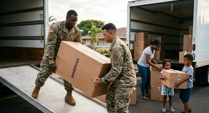 Service members loading moving boxes into a truck during a PCS move on Oʻahu