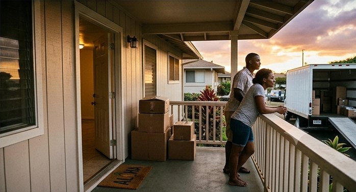 Family on their porch at sunset as a moving truck is loaded — a fresh start